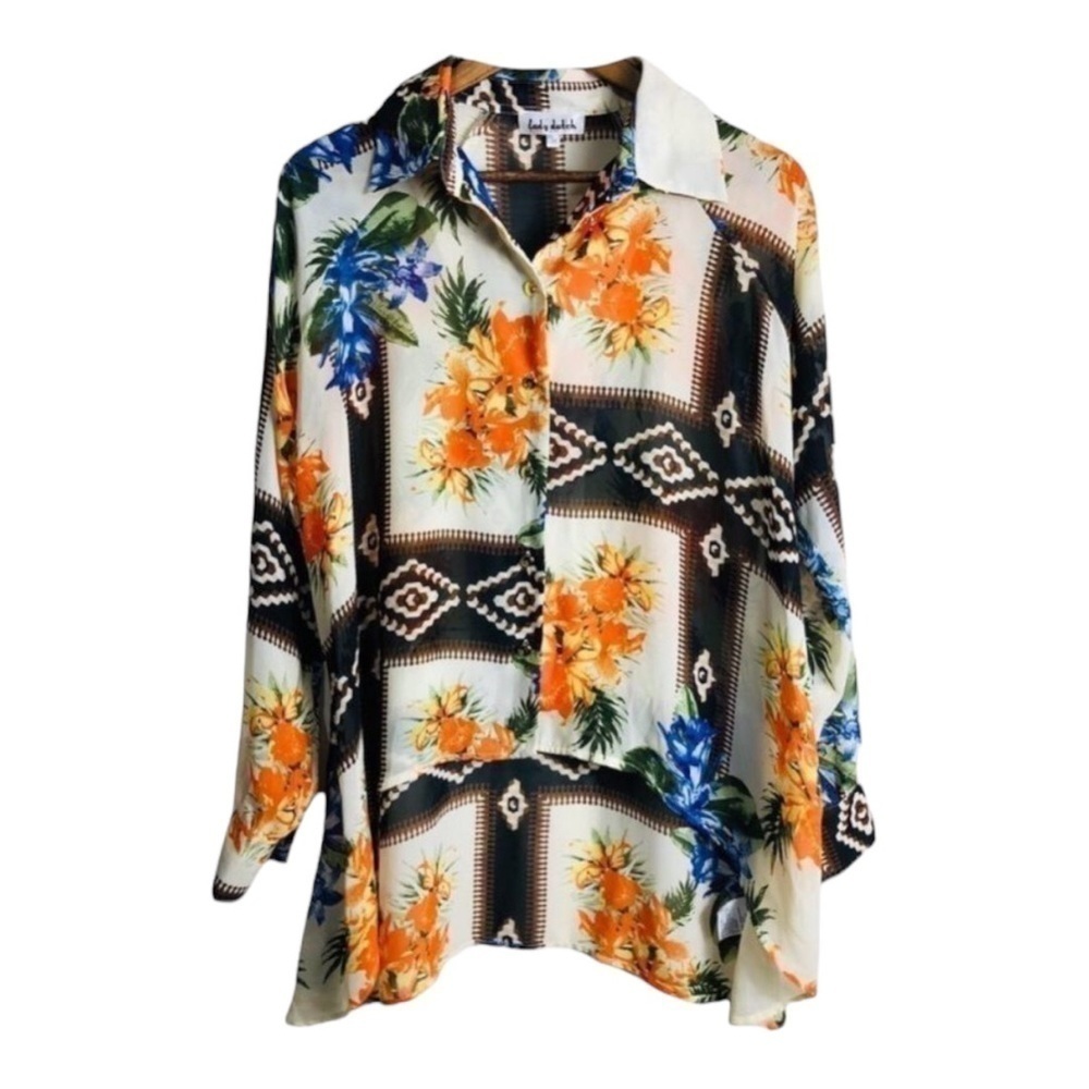 Lady DUTCH Vintage Cream Brown Floral Print Semi Sheer Top